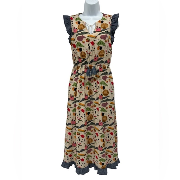 THML Retro Mod Office Print Fit and Flare Ruffle Sleeve Midi Dress - S - Picture 1 of 10